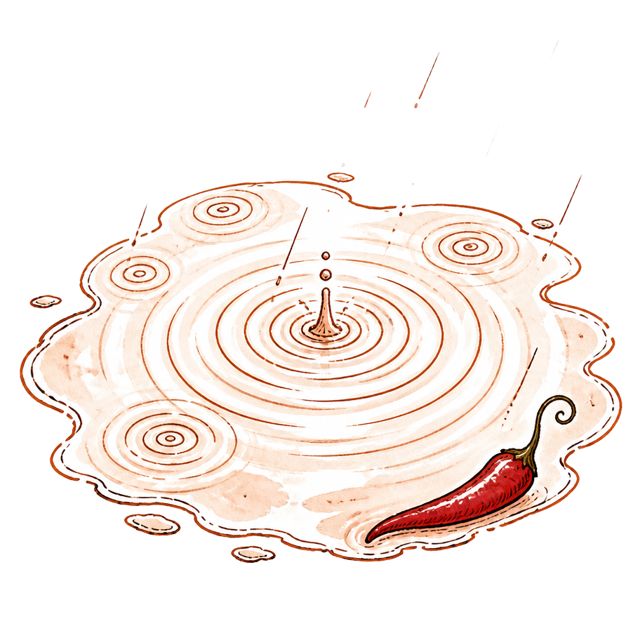 A hand-drawn puddle with ripples spiralling out like jalebis, a single red chilli at its edge