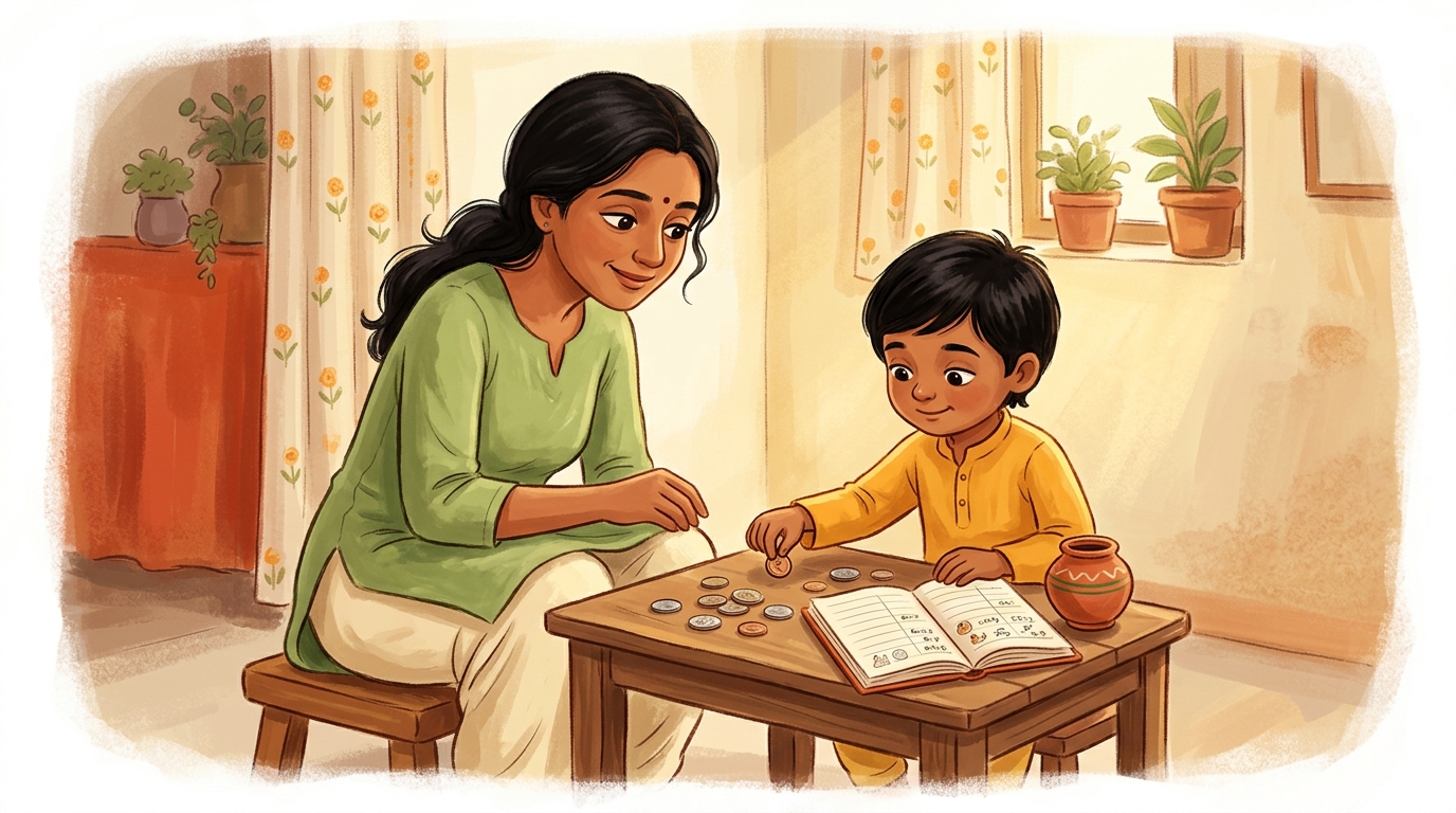 A mother and child counting coins together
