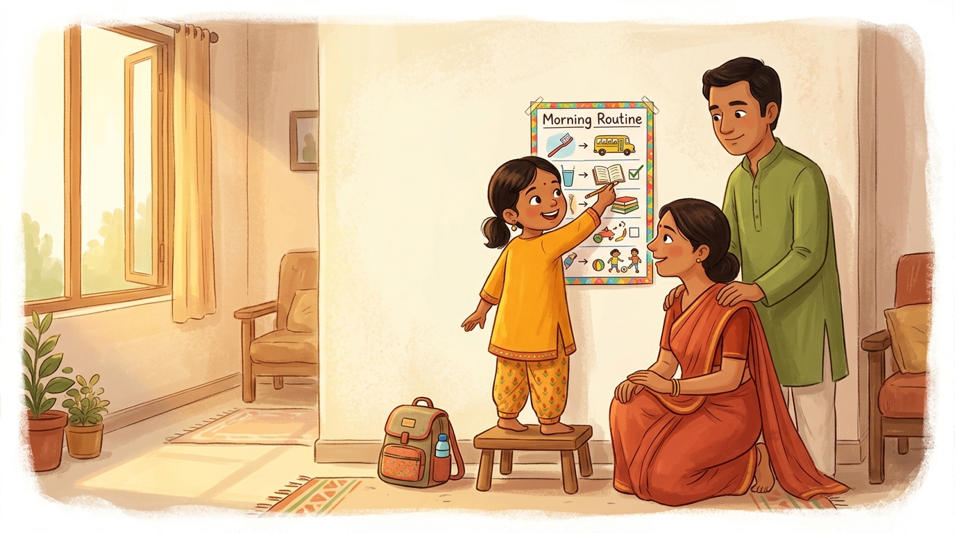A child happily following a picture schedule