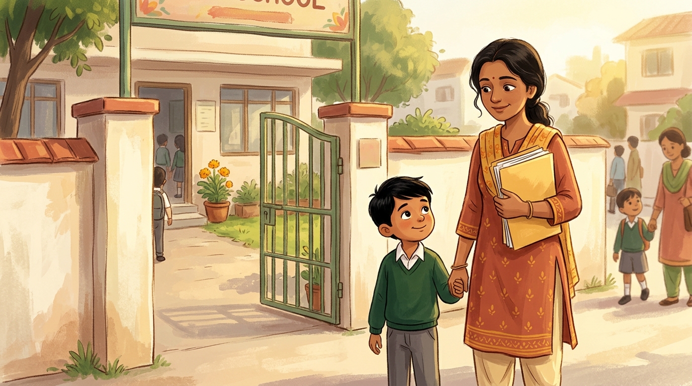 A confident mother with documents outside a school